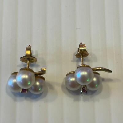 lot 361- 14K gold and pearl and ruby earrings