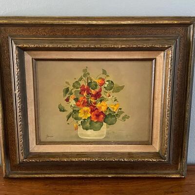 Vintage Framed Floral Pansy Flower Painting