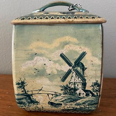 Vintage Royal Verkade Dutch Zaandam Holland Delft Style Blue & White Square Canister Biscuit Tin Western Germany