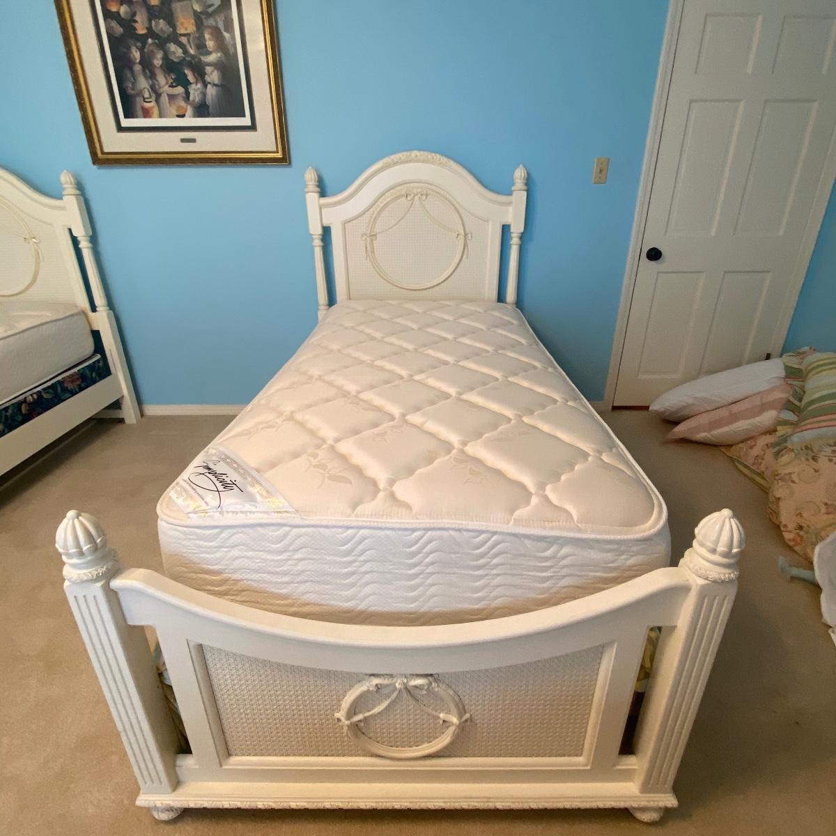 B Adorable Creamy White Painted Wood/Cane Twin Bed