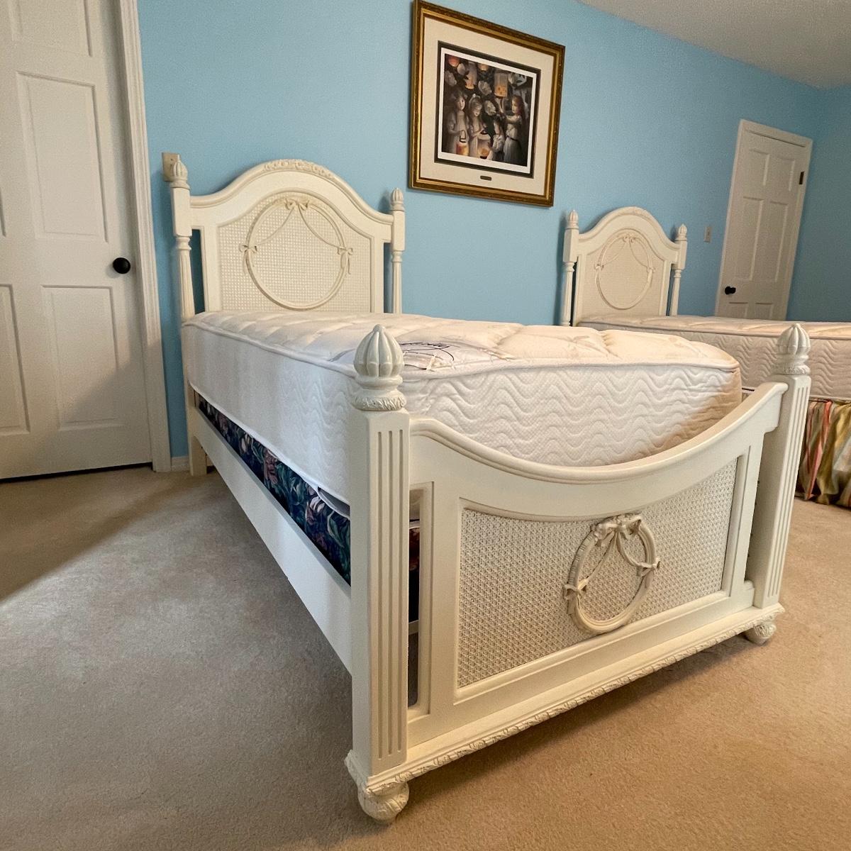 A Adorable Creamy White Painted Wood/Cane Twin Bed