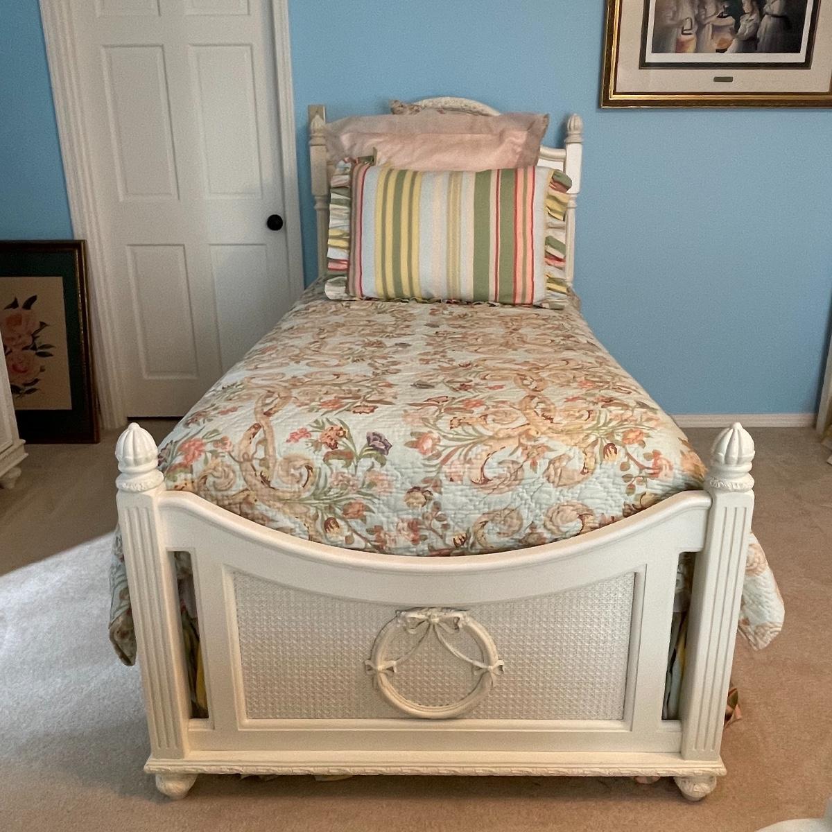 A Adorable Creamy White Painted Wood/Cane Twin Bed
