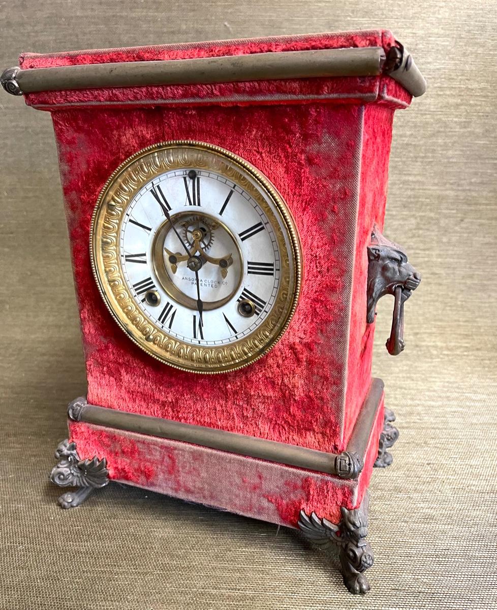 LOT 125 Antique Ansonia Clock Co Velvet Florentine 3 Clock