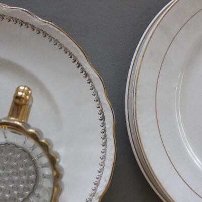 Lot 51 Gold Ornate Candle Sticks & Gold Creamer Set w/ Plates