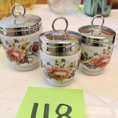 Lot 118 Set 3 Royal Worchester Porcelain Egg Coddles w/ Lids