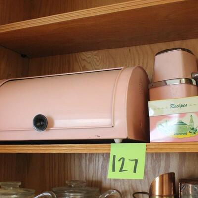 Lot 127 Vintage Pink Bread Box, Ice Maker & Recipe Box