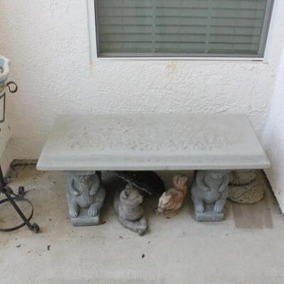Lot 293 Entry Cement Bunny Bench. Plant Stand & Other Yard Art