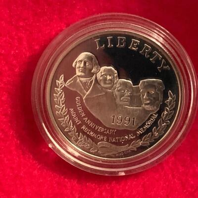 1991 90% SILVER PROOF ONE DOLLAR COIN OF MT RUSHMORE ANNIVERSARY 