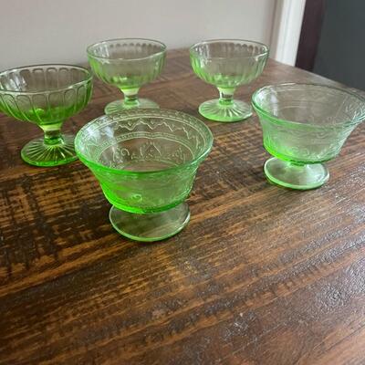 LOT 56 - Footed Dessert Bowls, Green Depression/Uranium Glass, Set of 5