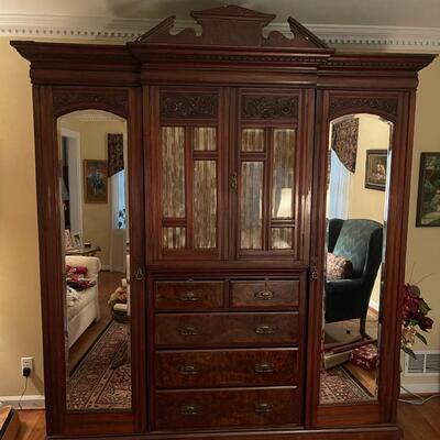LOT 138 - Antique Wood Wardrobe Armoire, 6 piece