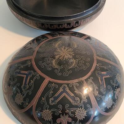 Lot 38: Toshi Yoshida Signed Pagoda Artwork & Large Asian Lacquerware Lidded Canister 