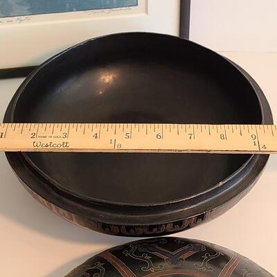 Lot 38: Toshi Yoshida Signed Pagoda Artwork & Large Asian Lacquerware Lidded Canister 