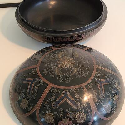 Lot 38: Toshi Yoshida Signed Pagoda Artwork & Large Asian Lacquerware Lidded Canister 
