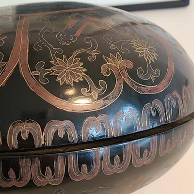 Lot 38: Toshi Yoshida Signed Pagoda Artwork & Large Asian Lacquerware Lidded Canister 