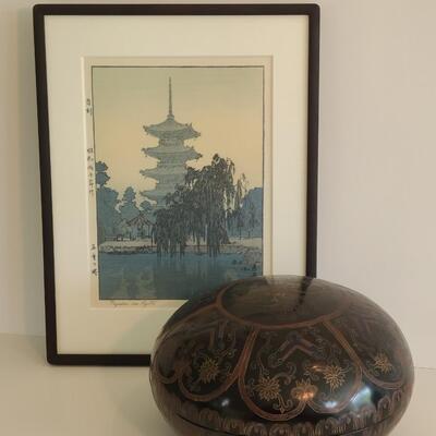 Lot 38: Toshi Yoshida Signed Pagoda Artwork & Large Asian Lacquerware Lidded Canister 
