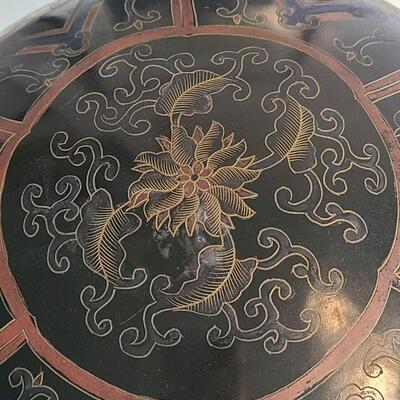 Lot 38: Toshi Yoshida Signed Pagoda Artwork & Large Asian Lacquerware Lidded Canister 