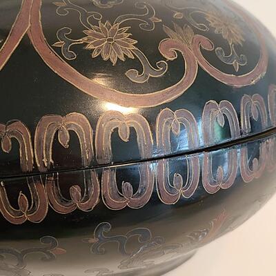 Lot 38: Toshi Yoshida Signed Pagoda Artwork & Large Asian Lacquerware Lidded Canister 