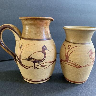 Lot 145:  Pottery Pitcher & Vase w/Painted Birds 