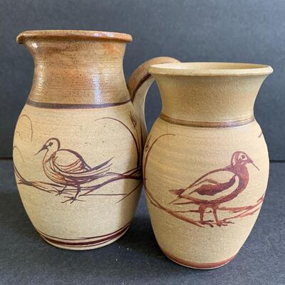 Lot 145:  Pottery Pitcher & Vase w/Painted Birds 