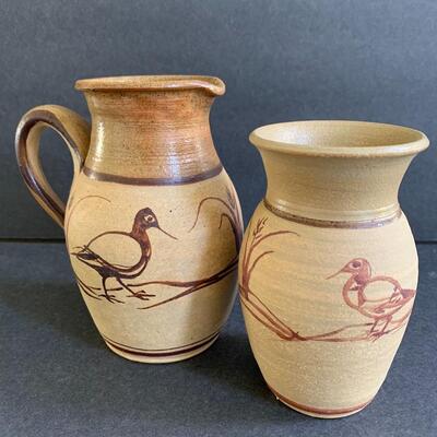 Lot 145:  Pottery Pitcher & Vase w/Painted Birds 
