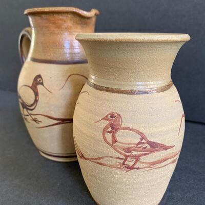 Lot 145:  Pottery Pitcher & Vase w/Painted Birds 