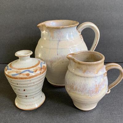 Lot 143: Artist Signed Decorative Pottery Pitchers & Vase 