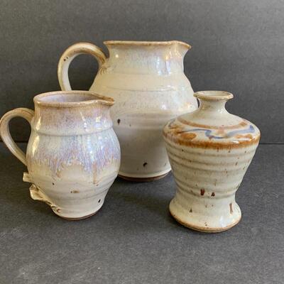 Lot 143: Artist Signed Decorative Pottery Pitchers & Vase 