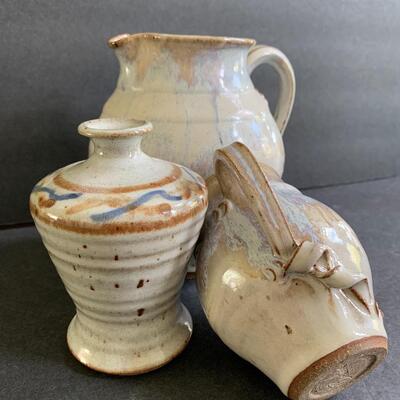 Lot 143: Artist Signed Decorative Pottery Pitchers & Vase 