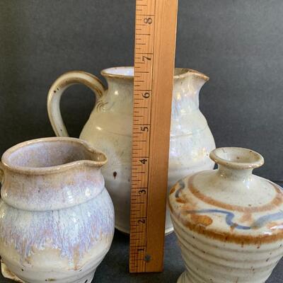Lot 143: Artist Signed Decorative Pottery Pitchers & Vase 
