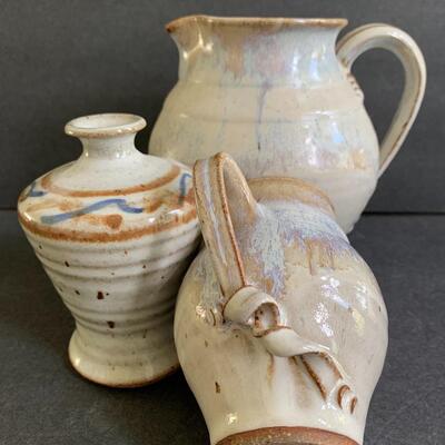 Lot 143: Artist Signed Decorative Pottery Pitchers & Vase 