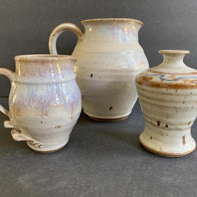 Lot 143: Artist Signed Decorative Pottery Pitchers & Vase 