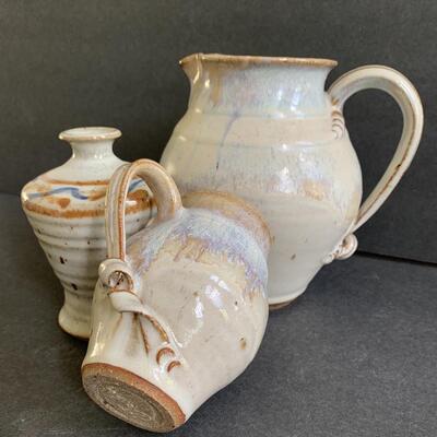 Lot 143: Artist Signed Decorative Pottery Pitchers & Vase 