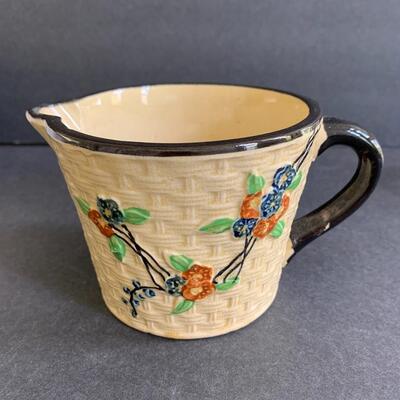 Lot 141: Vintage Majolica Hotta Yu Shoten Cherry Blossom Basket Weave Juicer & Canister 