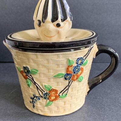 Lot 141: Vintage Majolica Hotta Yu Shoten Cherry Blossom Basket Weave Juicer & Canister 