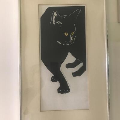 Lot 107: Vintage,Framed Artist Signed Black Cat Artwork, "Spooky" and More  