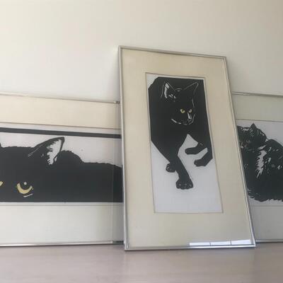 Lot 107: Vintage,Framed Artist Signed Black Cat Artwork, "Spooky" and More  