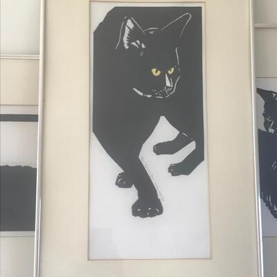 Lot 107: Vintage,Framed Artist Signed Black Cat Artwork, "Spooky" and More  