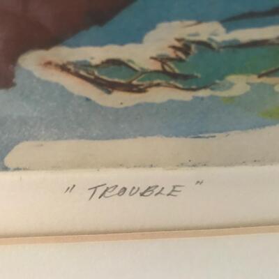 Lot 106:  Etching & Aquatint Framed "Trouble" Artwork, Vintage, Artist Signed