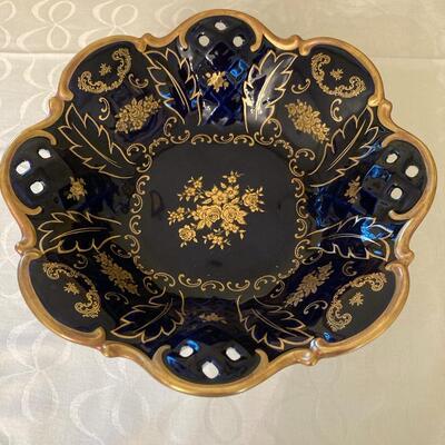 Cobalt Blue Scalloped Bowl with Gold Overlay