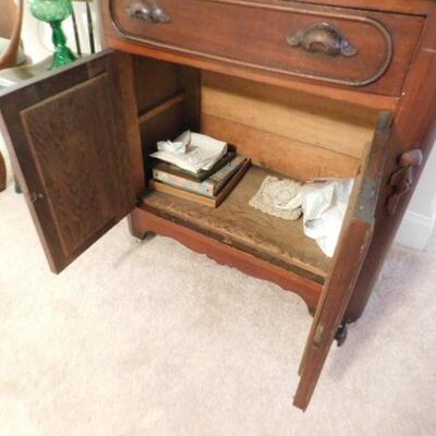 Vintage Solid Wood Walnut Commode or Wash Stand with Mable Top 