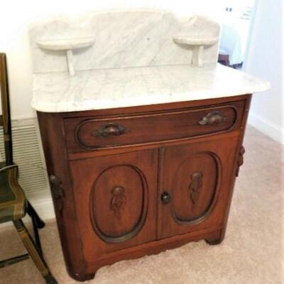 Vintage Solid Wood Walnut Commode or Wash Stand with Mable Top 
