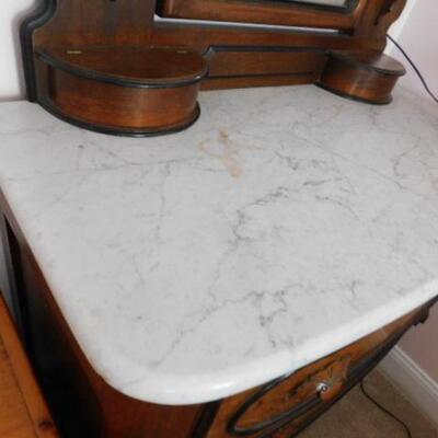 Vintage Solid Wood Walnut Chest of Drawers with Mirror and Marble Top 