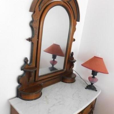 Vintage Solid Wood Walnut Chest of Drawers with Mirror and Marble Top 