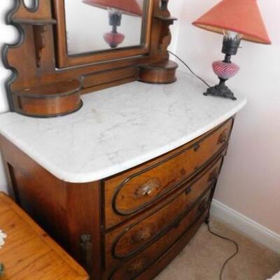 Vintage Solid Wood Walnut Chest of Drawers with Mirror and Marble Top 