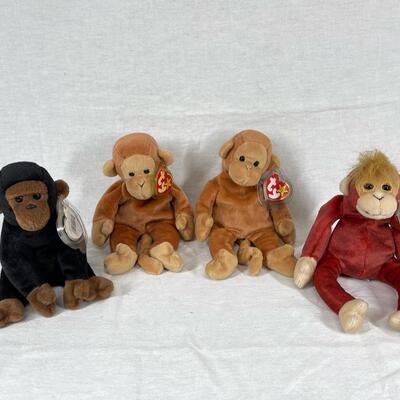 Lot of 4 TY Beanie Baby Plush Monkey Ape Stuffed Animals