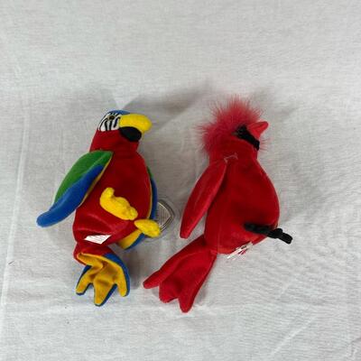 Pair of TY Beanie Baby Plush Stuffed Animal Birds Parrot Cardinal