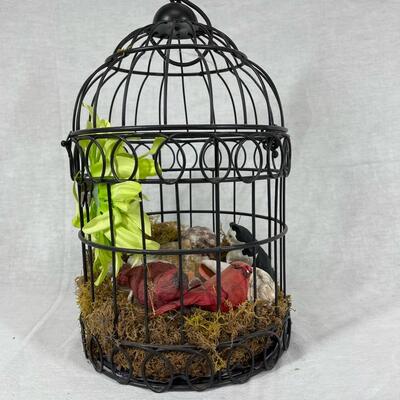 Black Metal Wire Bird Cage With Artificial Moss and Birds