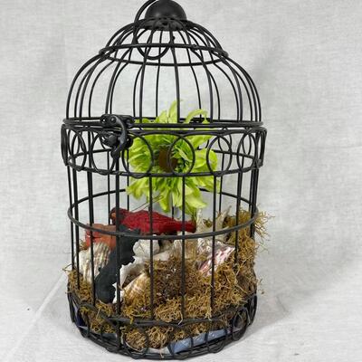 Black Metal Wire Bird Cage With Artificial Moss and Birds