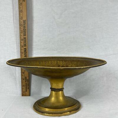 Vintage Decorated Brass Pedestal Bowl Dish