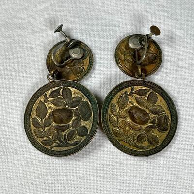 Gold Dangle Medallion clip on earrings 